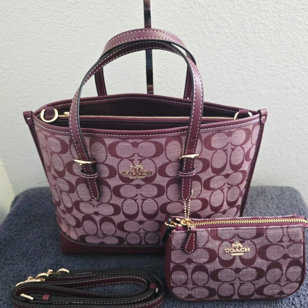 NWOT COACH CR293 Mollie 25 Denim Chambray "WINE" Tote Bag & Nolita 15 Wristlet